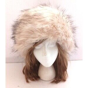 Faux Fur Cossack Hat Ivory Black Tipped Fluffy Quilt Lined Ladies O/S